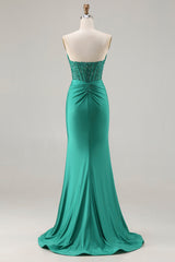 Dark Green Strapless Mermaid Corset Prom Dress With Slit