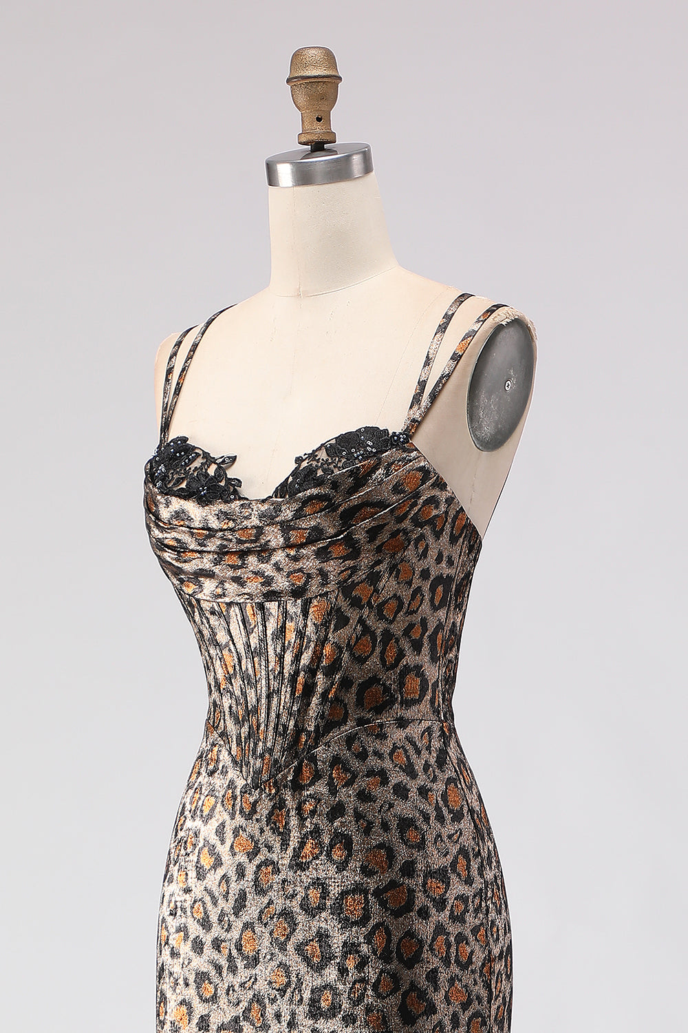 Mermaid Khaki Leopard Corset Prom Dress With Lace Up Back