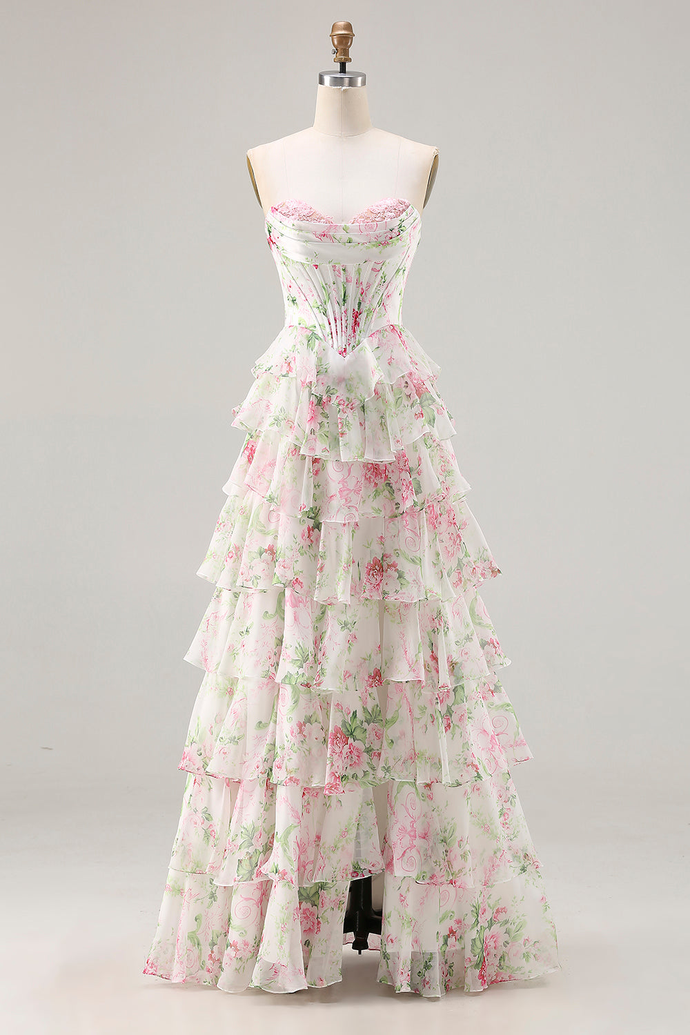 Pink Floral A-Line Corset Tiered Sweetheart Prom Dress With Slit