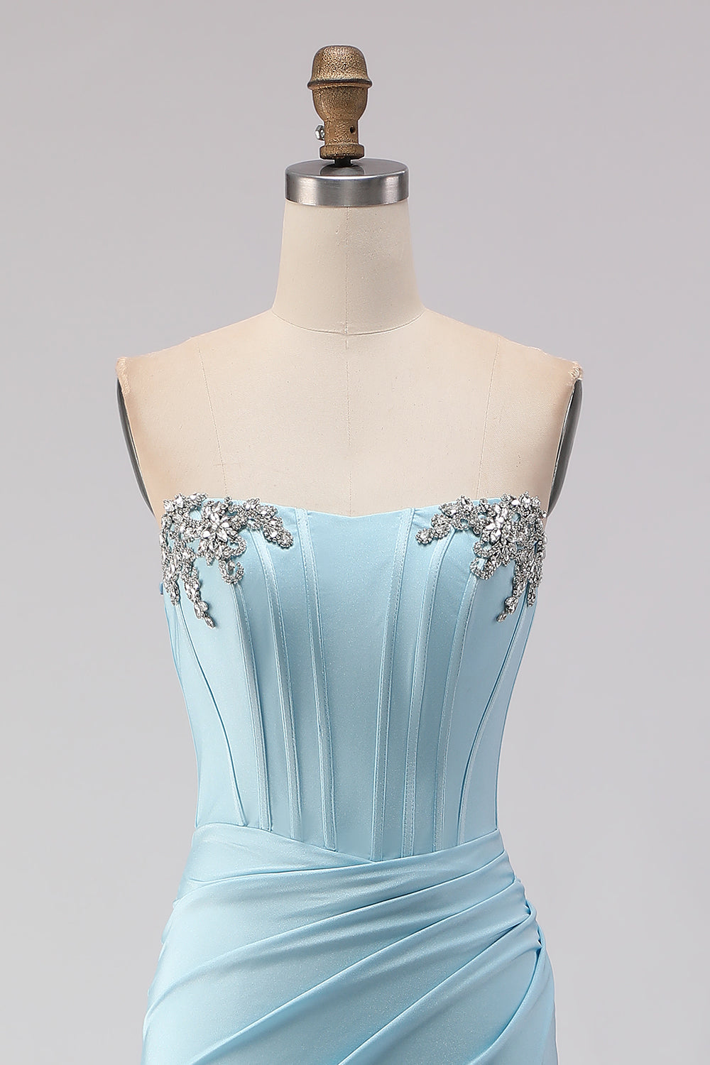 Strapless Mermaid Sky Blue Satin Corset Prom Dress With Slit