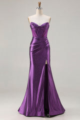 Dark Purple Beaded Corset Mermaid Strapless Prom Dress With Slit