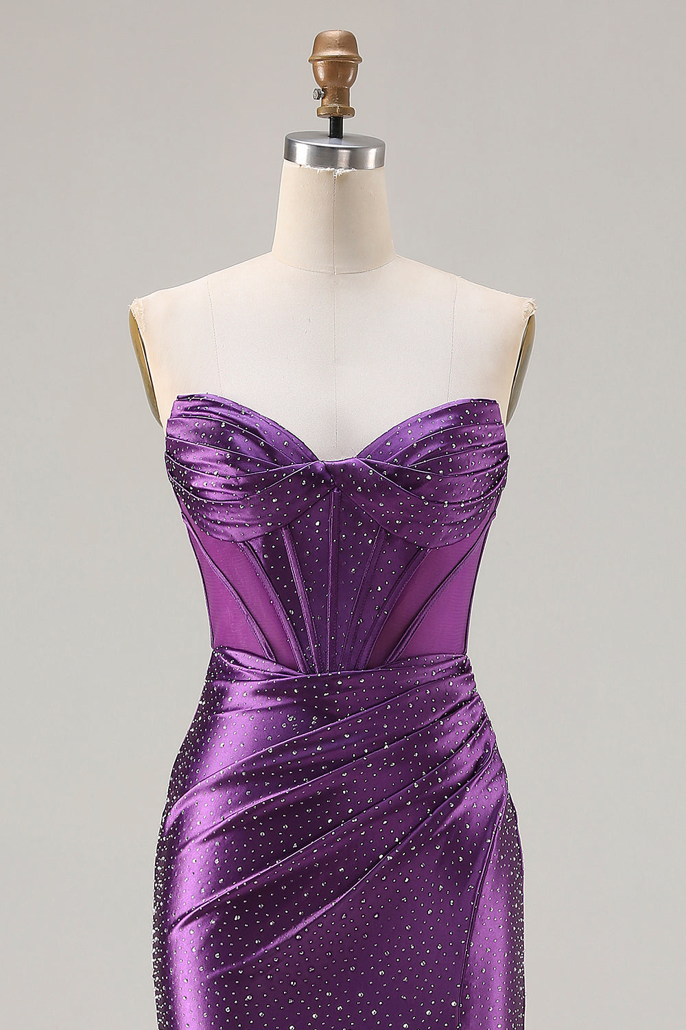 Dark Purple Beaded Corset Mermaid Strapless Prom Dress With Slit