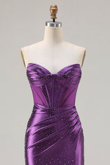 Dark Purple Beaded Corset Mermaid Strapless Prom Dress With Slit