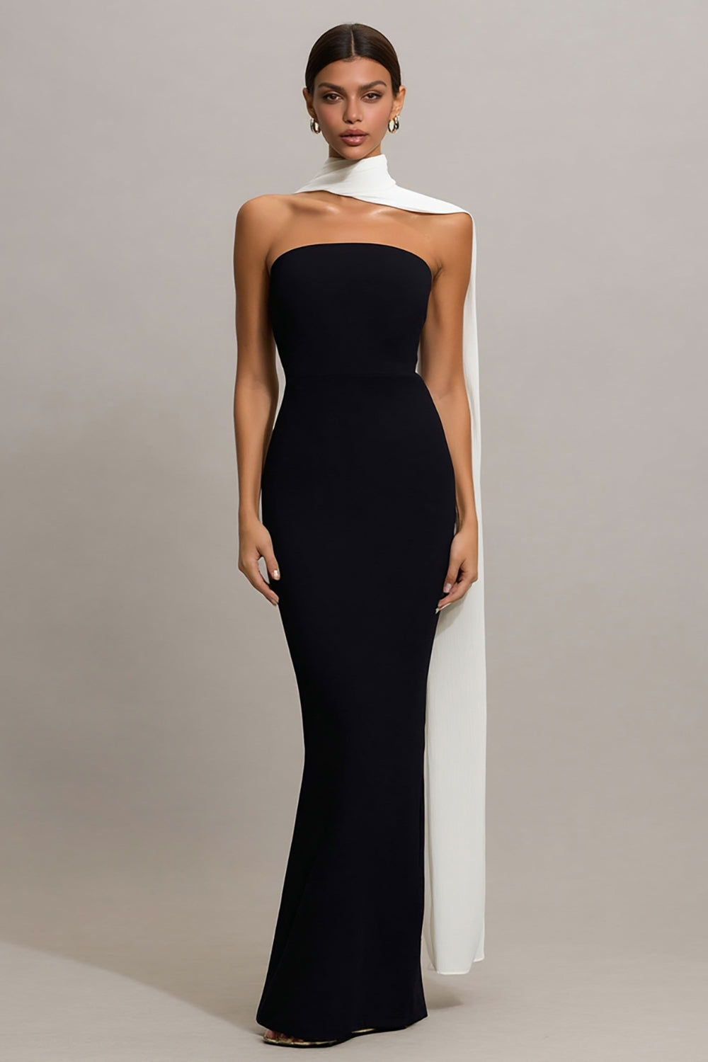 Strapless Mermaid Satin Maxi Black Tie Dress With Streamer