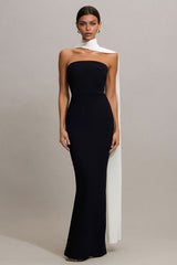 Strapless Mermaid Satin Maxi Black Tie Dress With Streamer