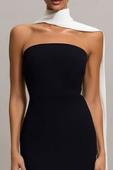 Strapless Mermaid Satin Maxi Black Tie Dress With Streamer