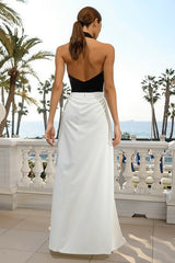 Sheath Halter Black and White Maxi Formal Dress With Slit