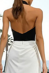 Sheath Halter Black and White Maxi Formal Dress With Slit