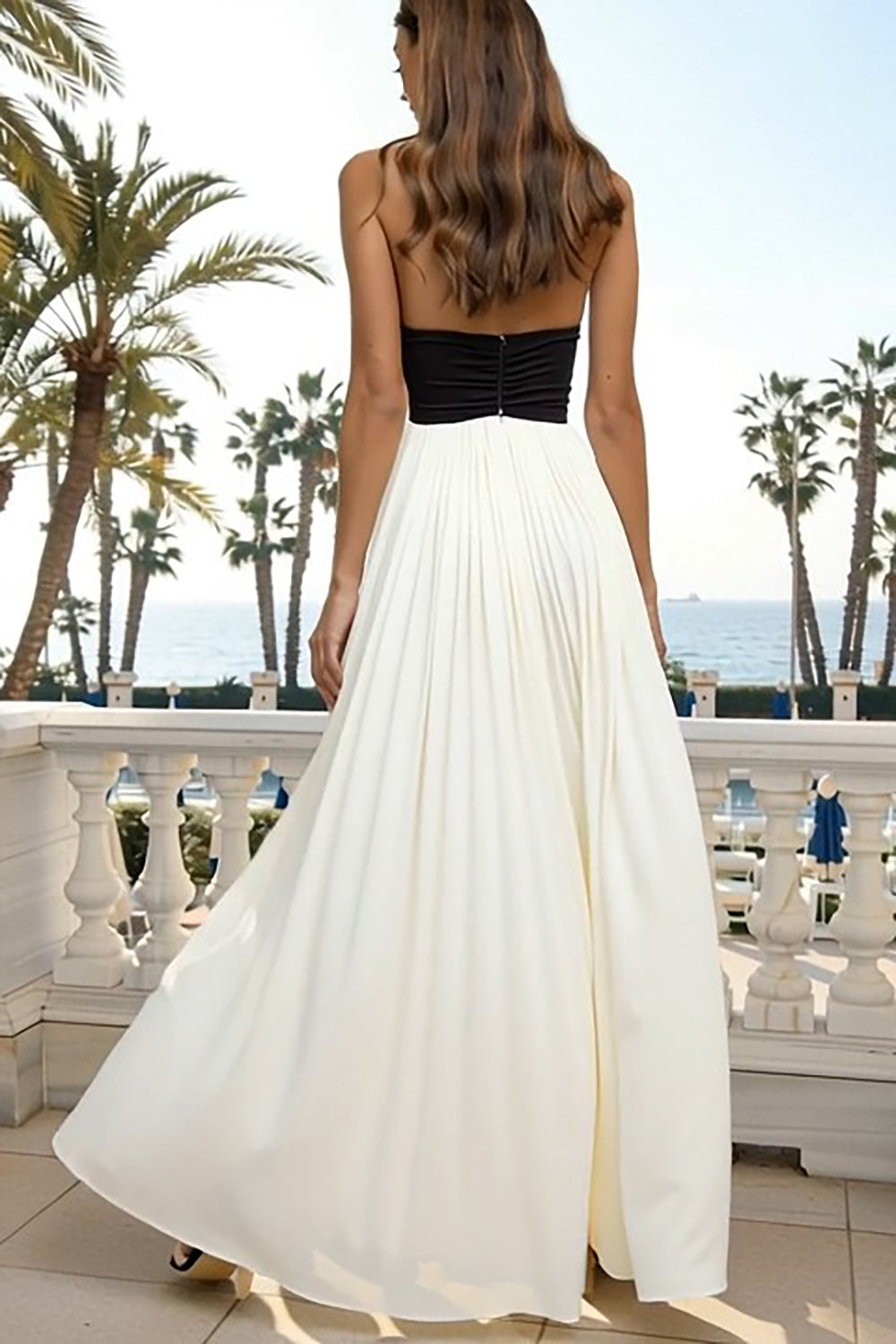Black and White A-Line Satin Halter Maxi Formal Dress