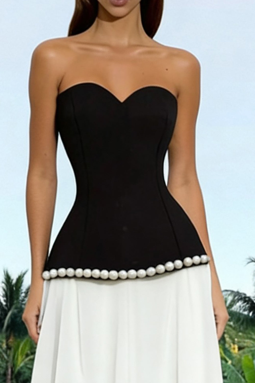 Black and White A-Line Sweetheart Maxi Formal Dress With Pearls