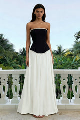 Strapless A-Line Black and White Maxi Formal Dress With Pearls