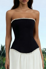 Strapless A-Line Black and White Maxi Formal Dress With Pearls