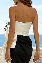 Mermaid Sweetheart Black and White Satin Maxi Formal Dress With Slit