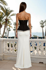 Black and White Sweetheart Sheath Maxi Formal Dress With Pearls
