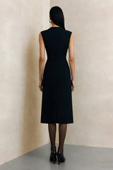 Simple Black A Line Single Breasted Midi Work Dress