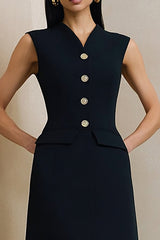 Simple Black A Line Single Breasted Midi Work Dress