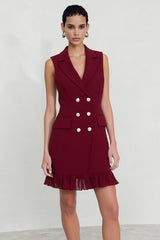 Burgundy Notched Lapel Short Work Dress with Ruffles