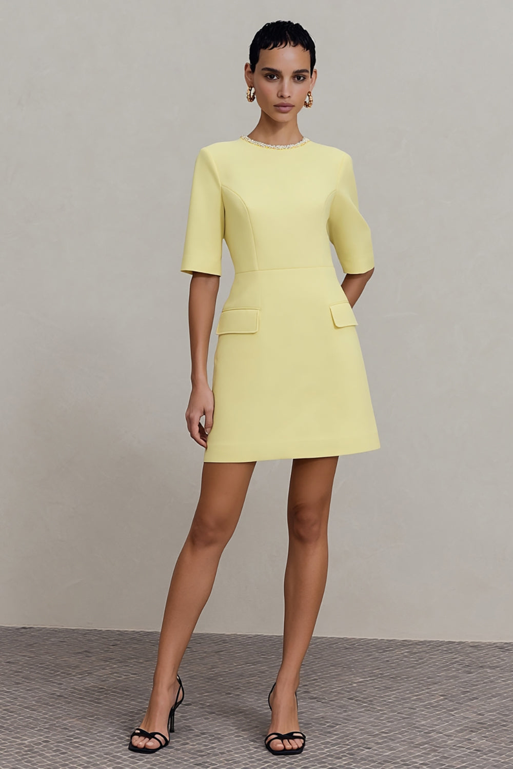 Light Yellow A Line Round Neck Short Work Dress