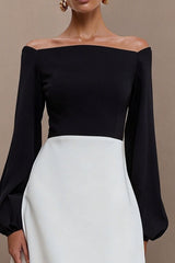 Black and White Long Sleeve A Line Work Dress