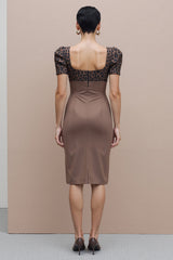 Brown Square Neck Bodycon Midi Work Dress