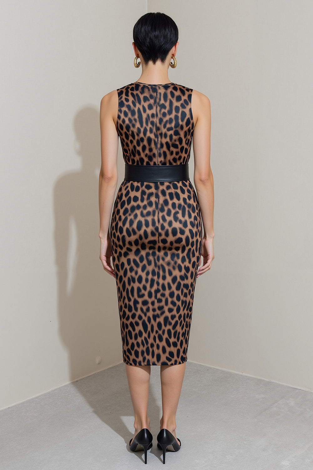 High Neck Brown Leopard Bodycon Work Dress with Belt