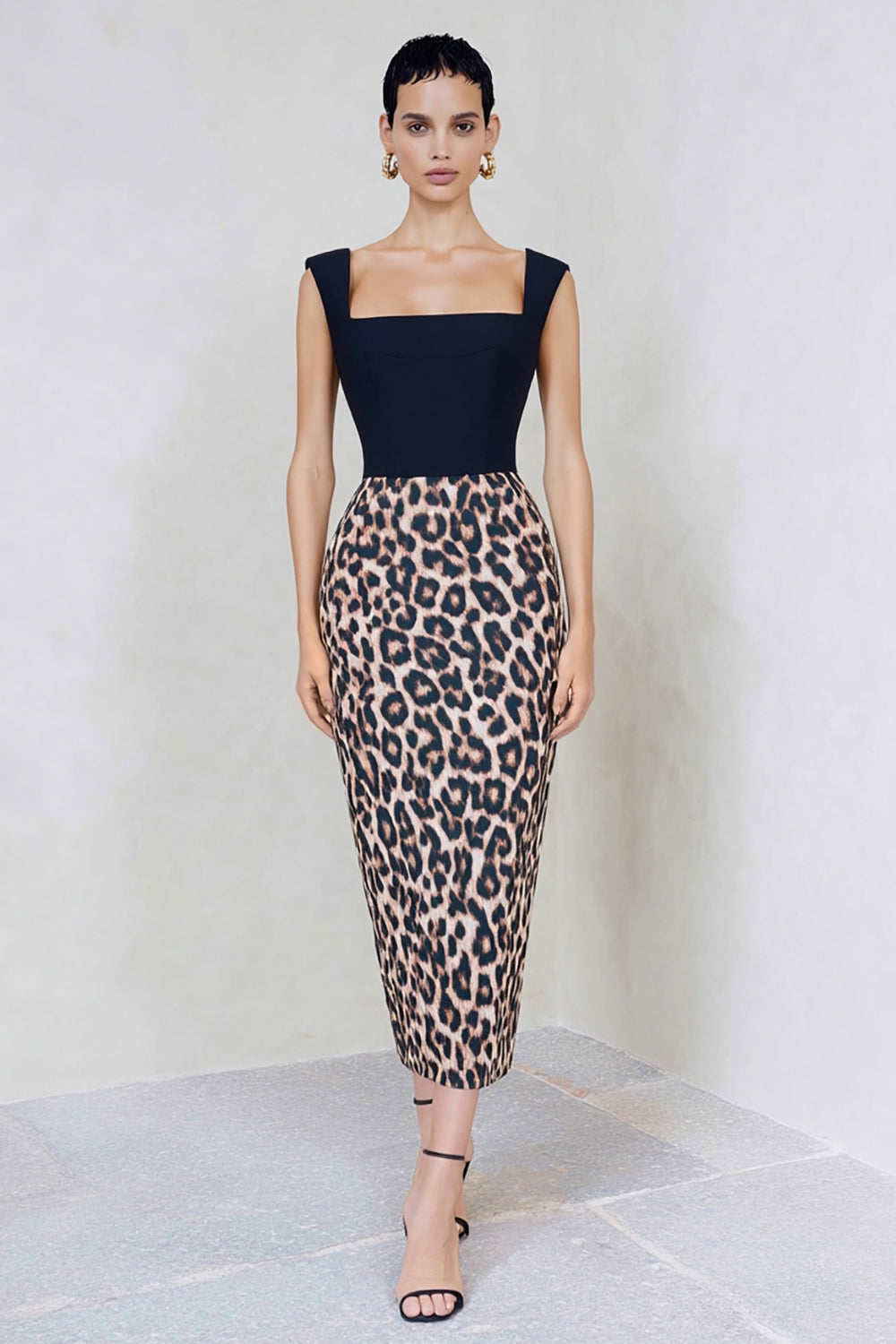 Black and Brown Leopard Bodycon Square Neck Work Dress