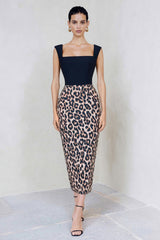 Black and Brown Leopard Bodycon Square Neck Work Dress