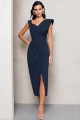 Asymmetrical Neck Ruched Navy Midi Work Dress