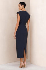 Navy Cap Sleeve Midi Work Dress