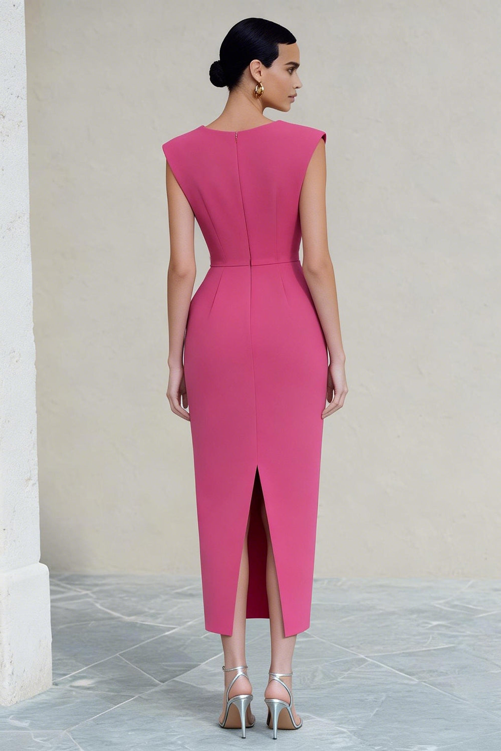 Elegant Hot Pink V Neck Ruched Bodycon Work Dress