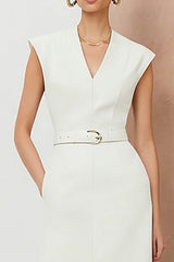 Ivory Sheath Cap Sleeve Midi Work Dress