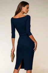 Bodycon Navy Bateau Neck Short Work Dress With 3/4 Sleeves