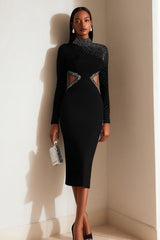 Sparkly Black Bodycon Cut Out Midi Work Dress