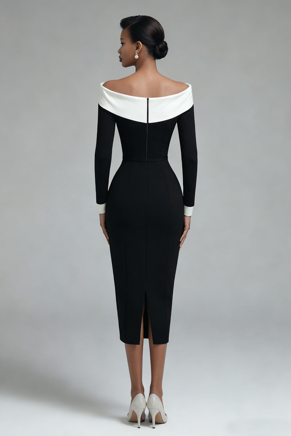 Off the Shoulder Black Bodycon Midi Work Dress