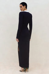 Black Long Slleve Ruched Work Dress with Slit