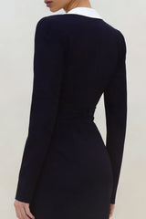 Black Long Slleve Ruched Work Dress with Slit
