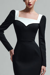 Black Bodycon Square Neck Midi Work Dress