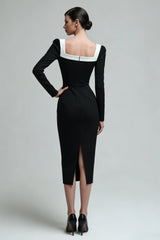 Black Bodycon Square Neck Midi Work Dress