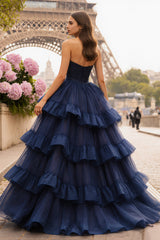 Strapless Princess Tiered Ruffled Navy Prom Dress with Slit
