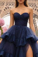 Strapless Princess Tiered Ruffled Navy Prom Dress with Slit