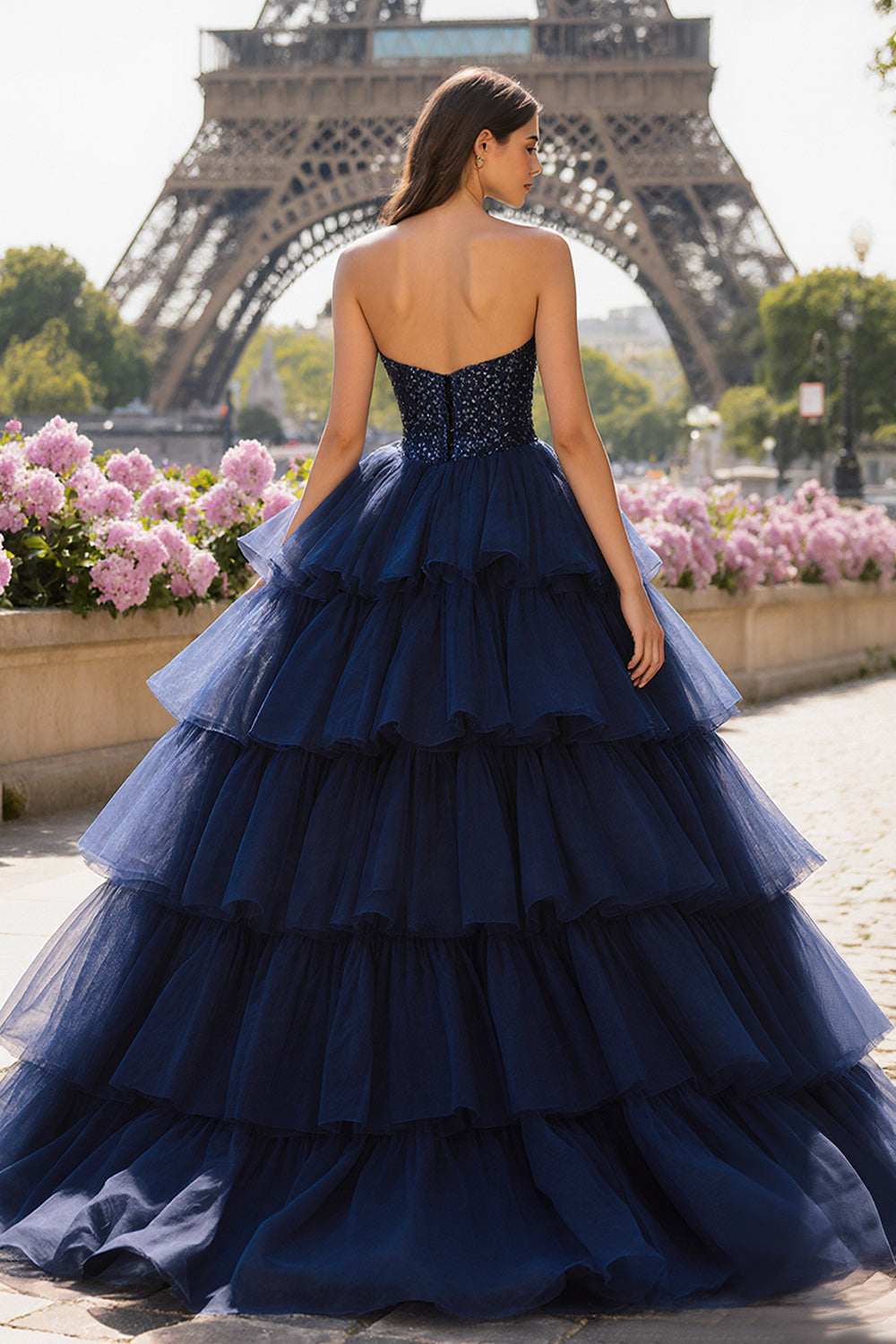 Sparkly Strapless Princess Tiered Navy Prom Dress