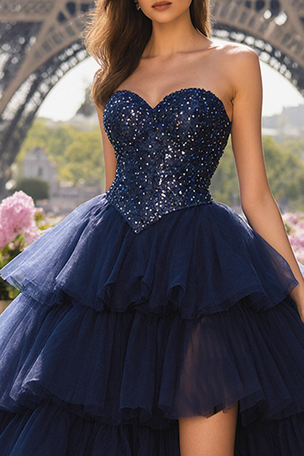 Sparkly Strapless Princess Tiered Navy Prom Dress