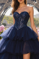 Sparkly Strapless Princess Tiered Navy Prom Dress