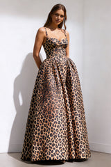 Brown Leopard Spaghetti Straps Ball Gown Prom Dress