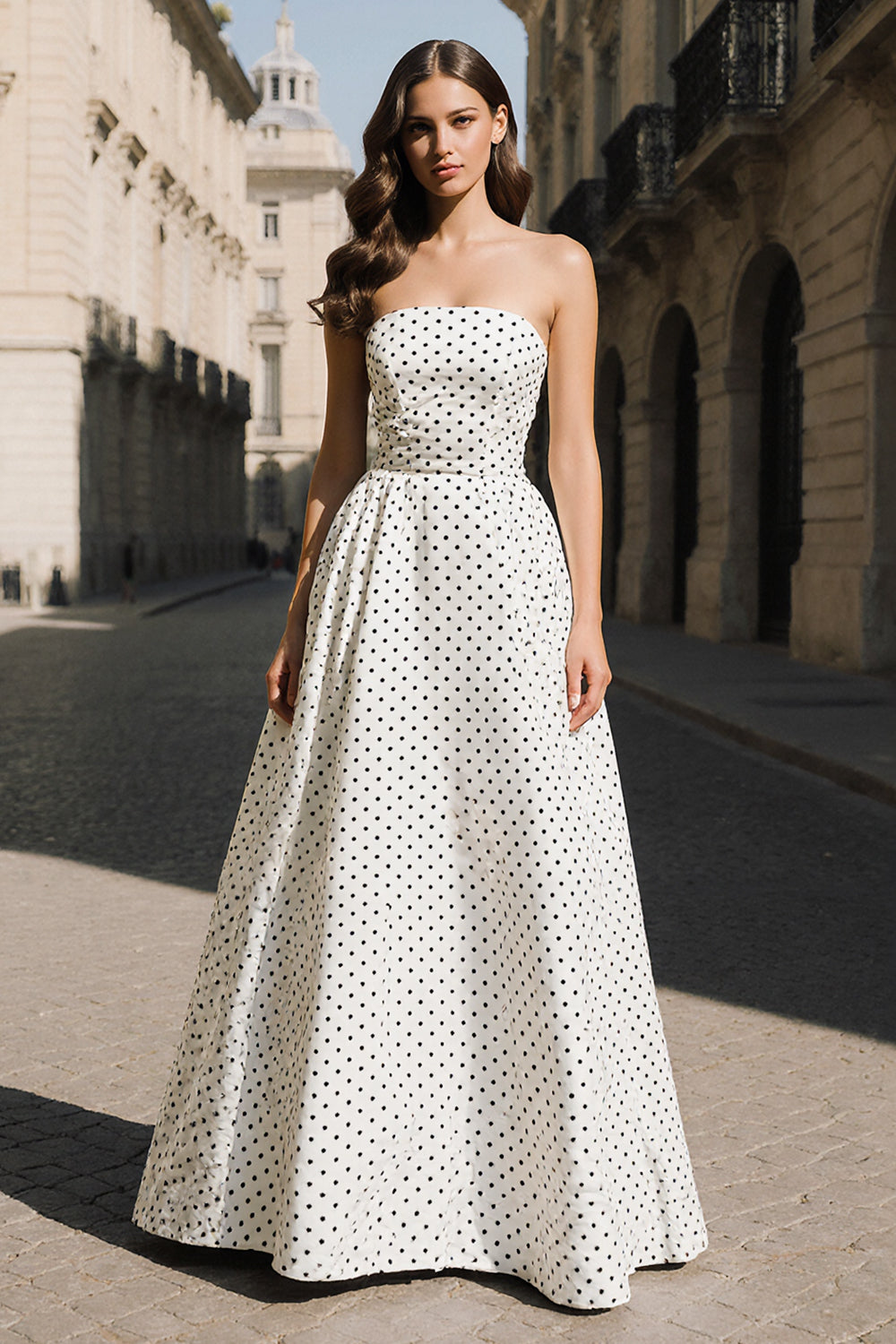 White Black Polka Dot Strapless A Line Prom Dress