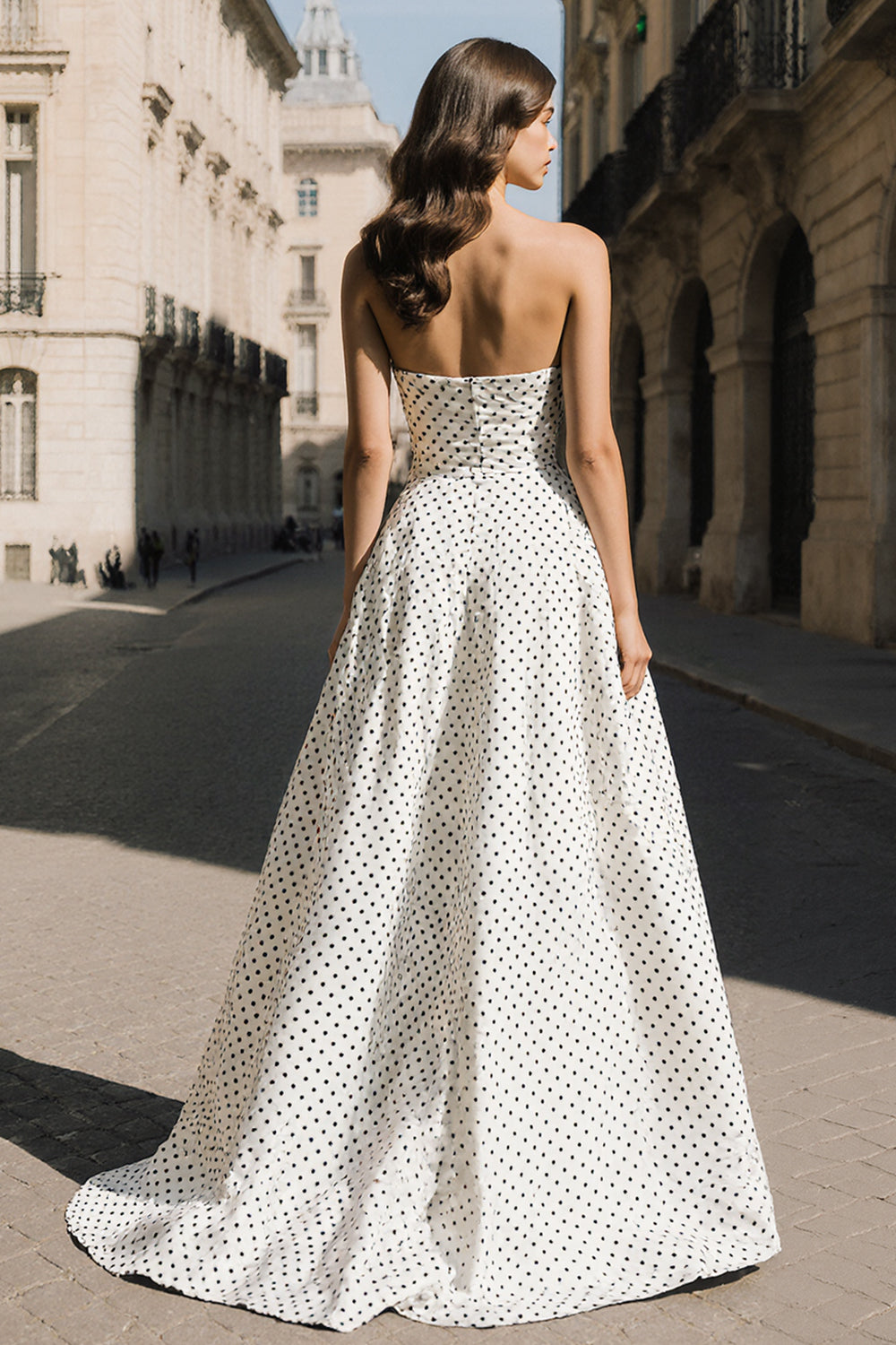 White Black Polka Dot Strapless A Line Prom Dress