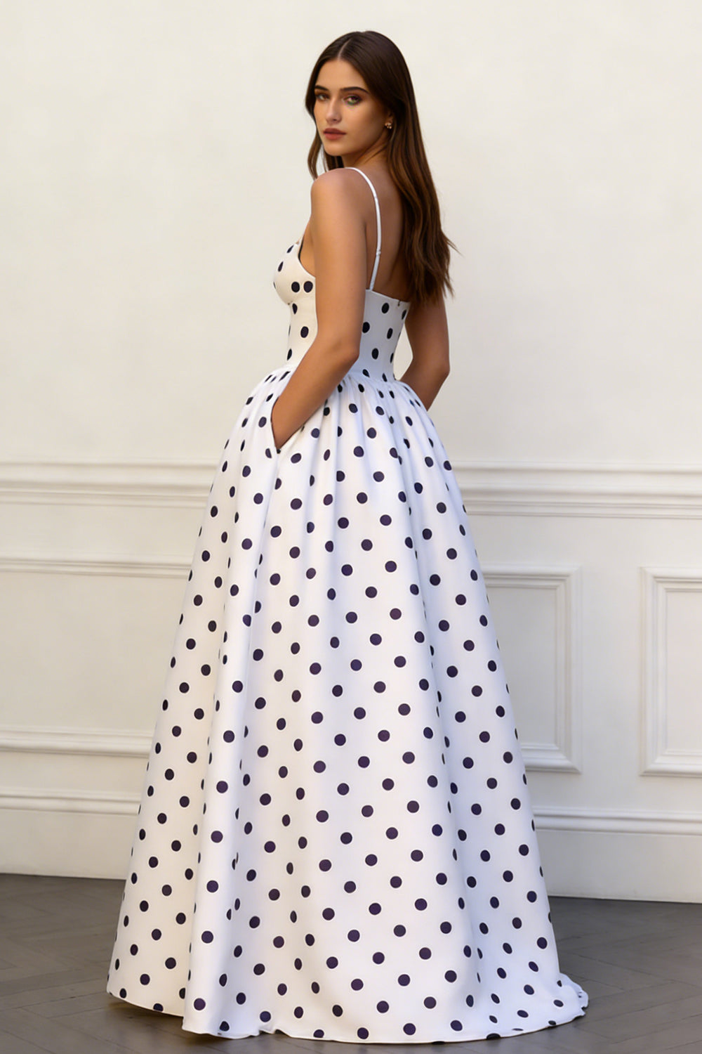 Simple White Black Polka Dot Ball Gown Prom Dress