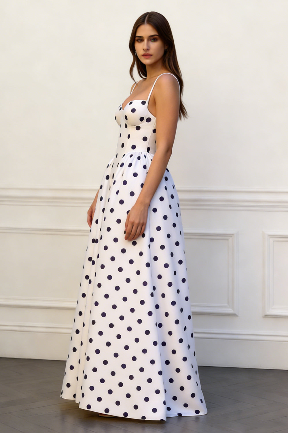 Simple White Black Polka Dot Ball Gown Prom Dress