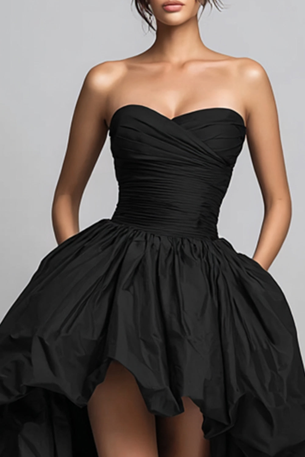 Strapless High Low Black Ruched Prom Dress