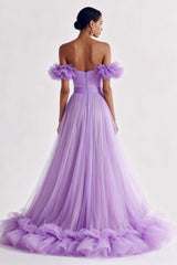 Lilac Off the Shoulder A Line Ruffled Tulle Prom Dress